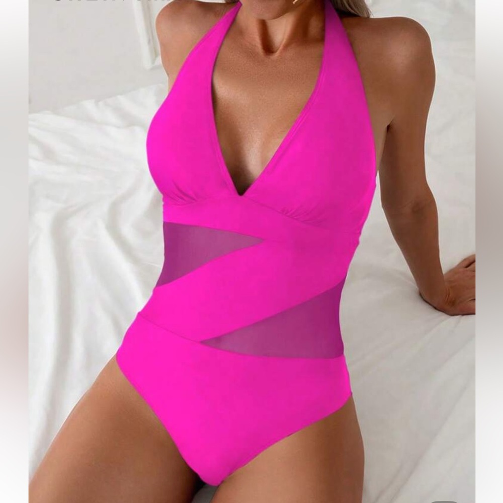 NWT SHEIN Pink Mesh Halter One Piece
